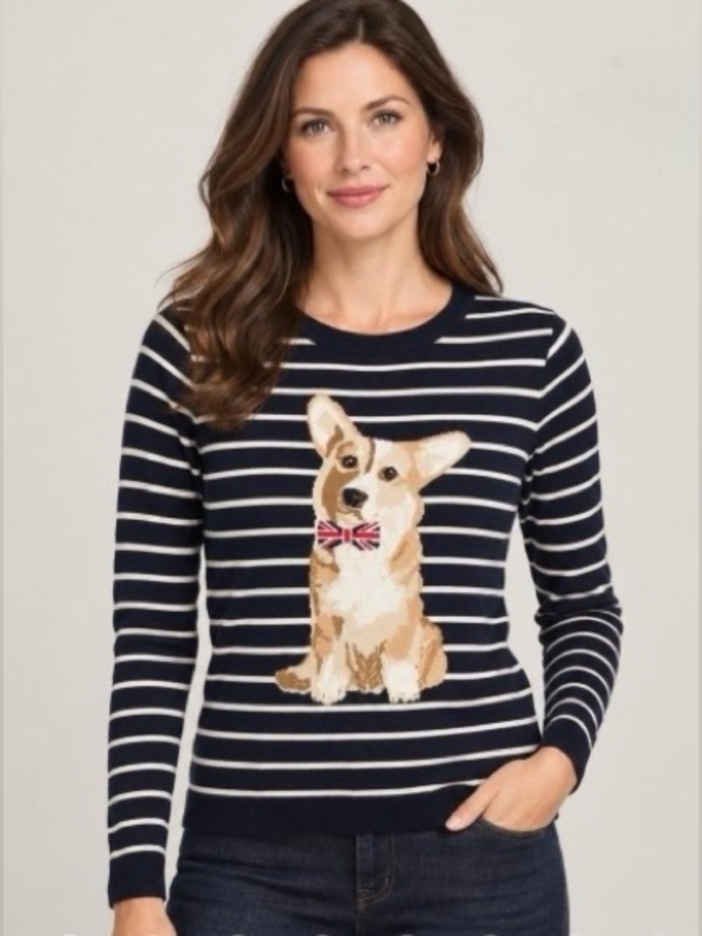 Talbots Navy & White Stripe Sweater w Corgi Graphic & Union Jack Bow Tie - Lp
